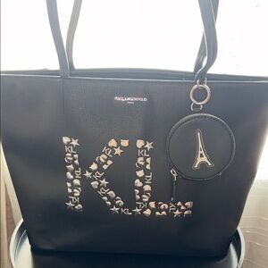Karl Lagerfeld Black Tote with KL Logo Stud Design and Eiffel Charm